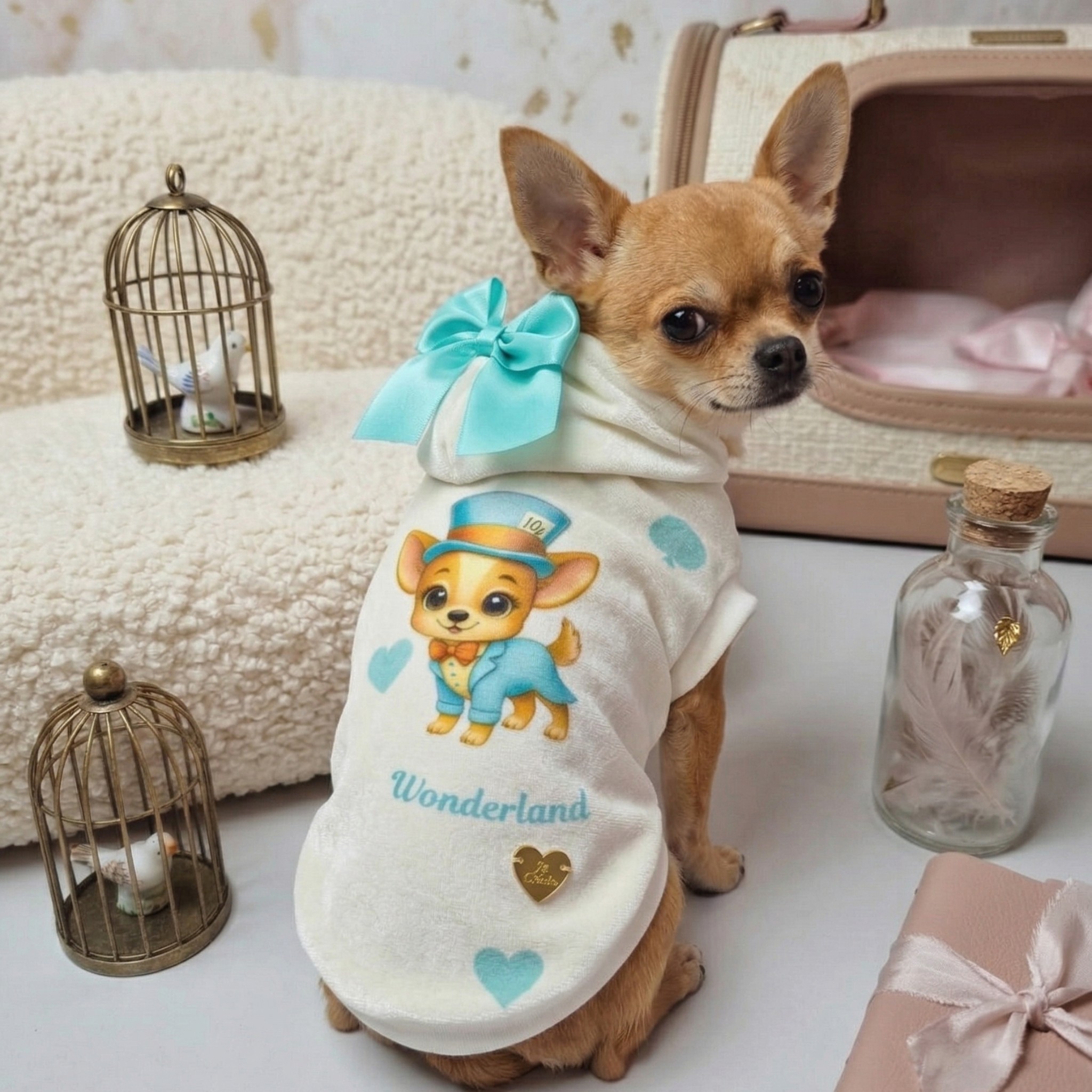 Mad Hatter Tiffany Sweatshirt - Ciniglia Vellutata con Rouche Pizzo e Fiocco Cuoricino